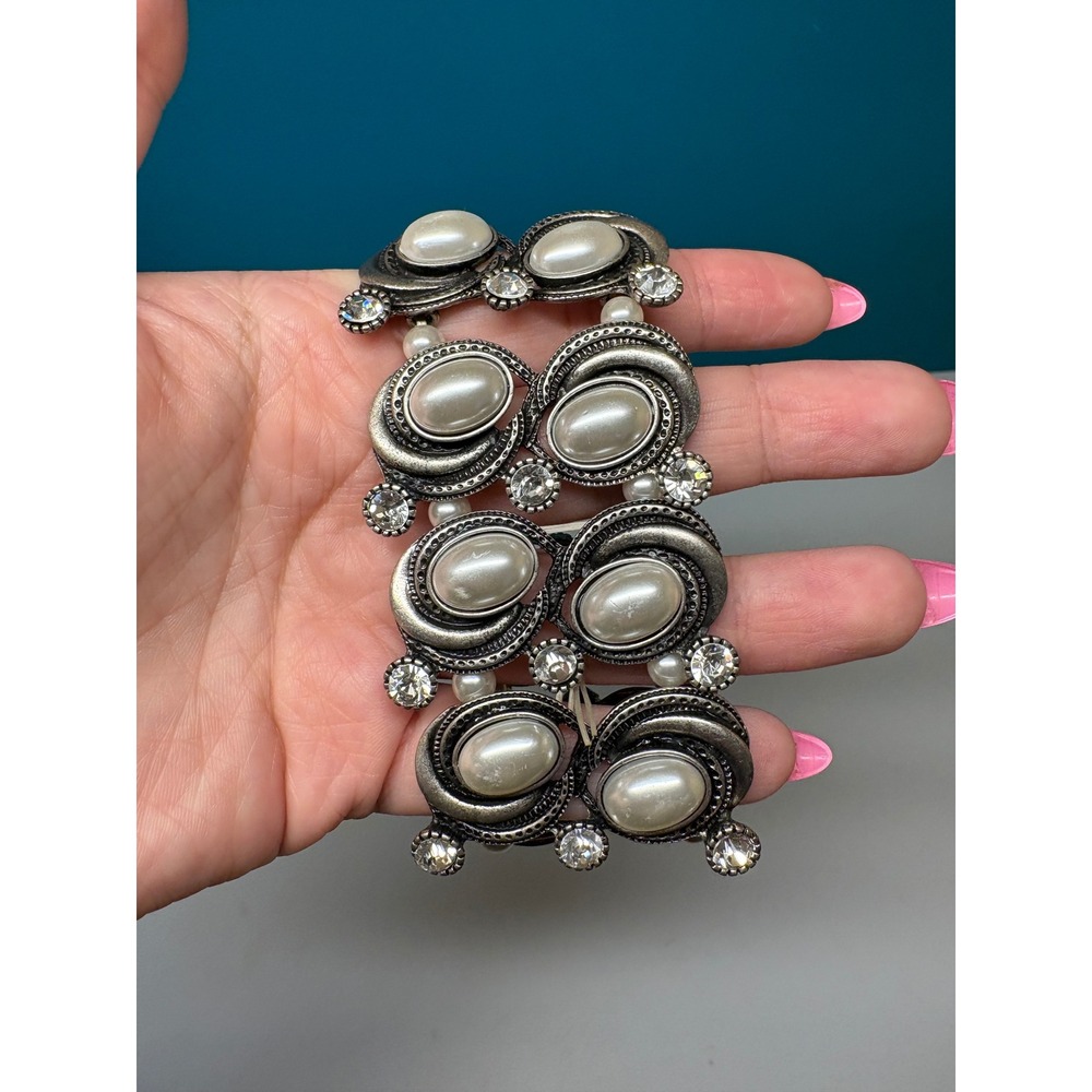 Vintage Style Silver Tone Faux‎ Pearl Rhinestone Wide Stretch Cuff Bracelet